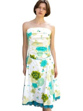 Ruby Rox White/Teal/Green Floral Cotton Strapless Crinoline A-Line Dress (M)